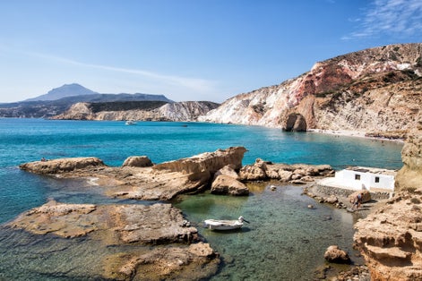 photo of view of Firiplaka Beach, long and popular beach situated at the southern side in Milos island. Cyclades, Greece.