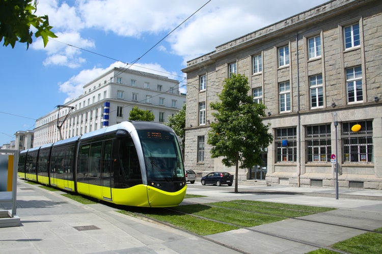 City center of Brest, showing the pedestrian shopping area & tram or train. Brest is a port city in Brittany, in northwestern France.