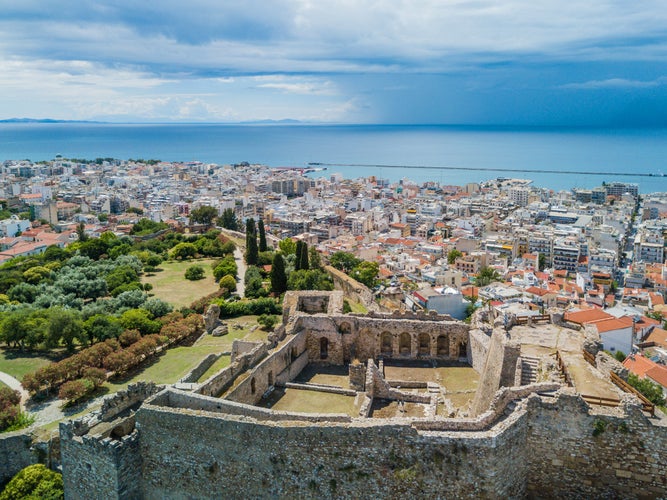 Photo of Aerial view of a medieval fortress, panorama of the city and the sea. Patras, Peloponnese, Greece.