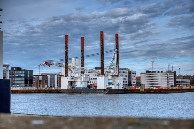 PHOTO OF VIEW OF mega jack-up installation ship, specialized ship visiting the city of Esbjerg, home port ship for special tasks, Esbjerg, Denmark.