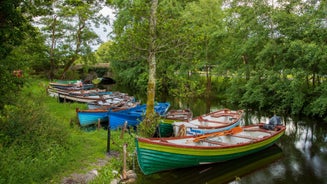  Cork, Ireland. Fishing boats inside the port of Cobh. A city with colorful houses in Ireland.