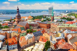 Scenic summer view of the Old Town and sea port harbor in Tallinn, Estonia.