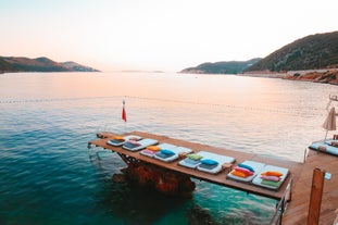 Photo of majestic panoramic aerial view of seaside resort city of Kas in Turkey.