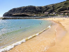 Photo of beach aerial view of Machico bay and Cristiano Ronaldo International airport in Madeira, Portugal.