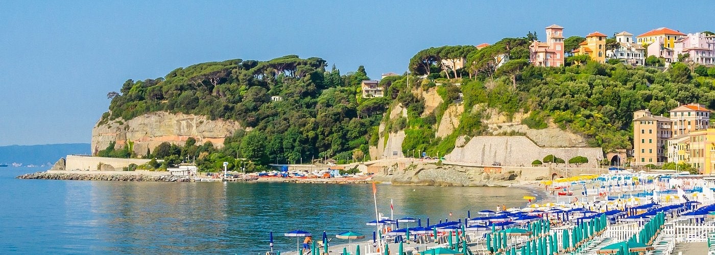 Aerial view of Noli, a beautiful small village in Liguria, north Italy. Drone photography of the Ligurian coast, province of Savona,Italy.