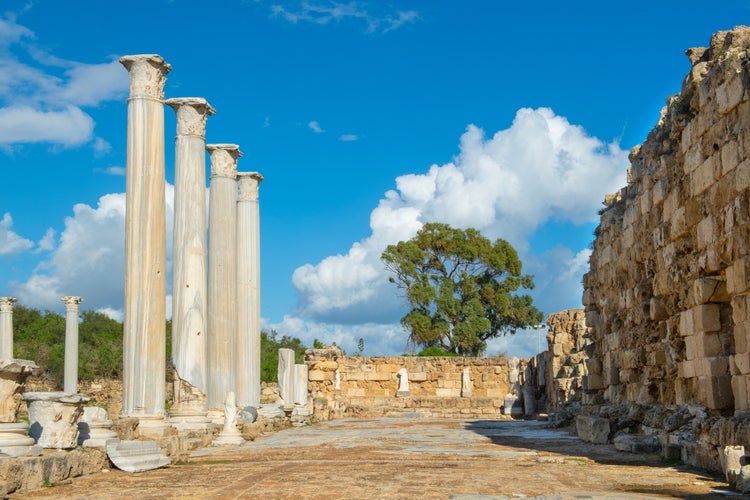 Columns and ruins in the ancient city of Salamis in Cyprus. Salamis Ruins, Famagusta, Turkish Republic of Northern Cyprus, CYPRUS. Tourist area of ​​the ruins of the city of Salamis.