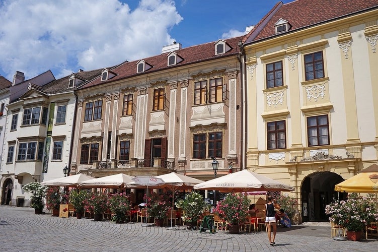 Photo of The Strono House ,the Fire Tower and the City Hall on the Main square in Sopron.