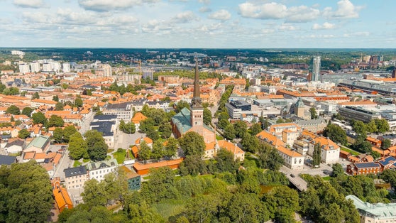 photo of aerial view on sunny day of Västerås Domkyrka in Sweden.