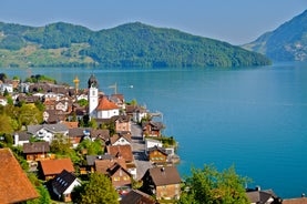 Photo of aerial View of the Settlement Ennetbürgen (Ennetburgen or Ennetbuergen), Buochs and Mountain Buochserhorn ,Canton of Nidwalden, Switzerland.