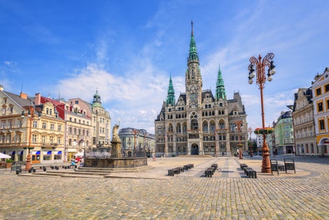Photo of the town hall and the central square in Liberec, Czech Republic.