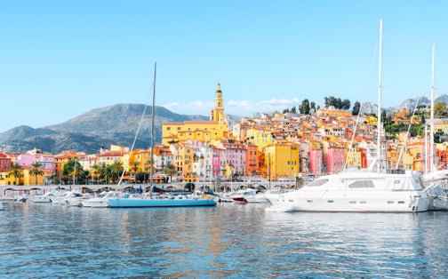 Panorama view of village with colourful houses on the French Riviera, Cote D Azur.