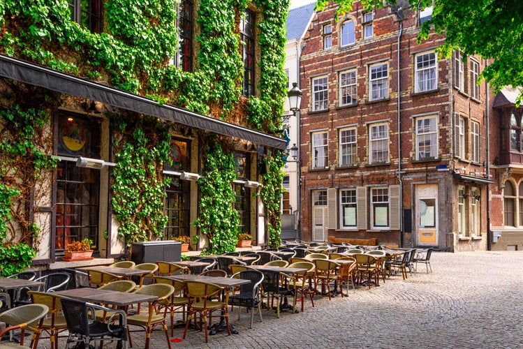 Old street of the historic city center of Antwerpen (Antwerp), Belgium. Cozy cityscape of Antwerp. Architecture and landmark of Antwerpen