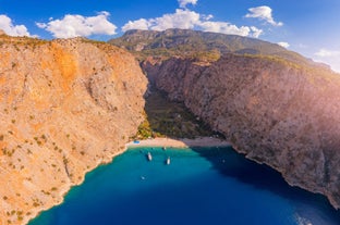 Photo of Marmaris marina with yachts aerial panoramic view in Turkey.