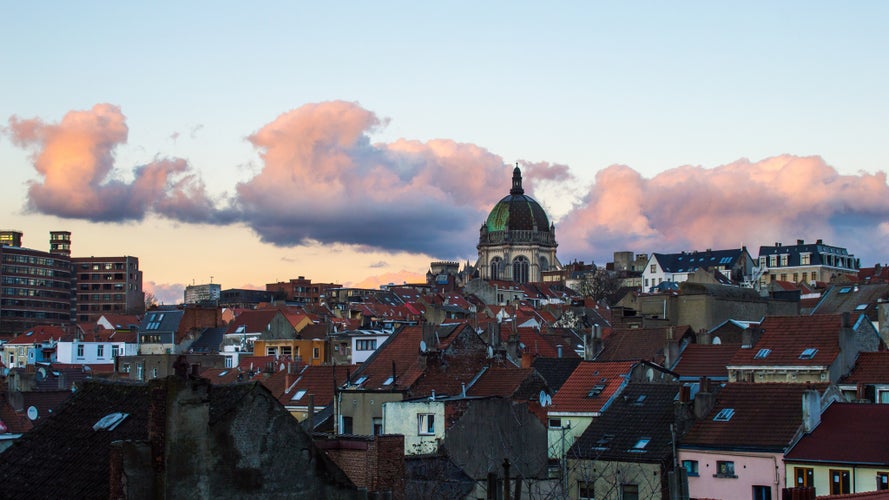 photo of view of Panoramic view over Sint-Josse/Schaarbeek with the St Maria Church, at sunset Brussels.