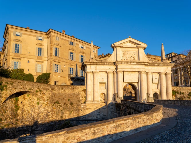 Bergamo, Italy. The old town. Amazing view at the ancient gate Porta San Giacomo. Bergamo one of the most beautiful cities in Italy. Tourists destination