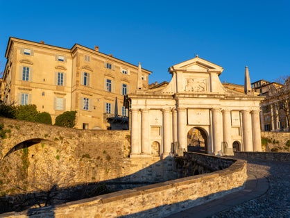 Bergamo, Italy. The old town. Amazing view at the ancient gate Porta San Giacomo. Bergamo one of the most beautiful cities in Italy. Tourists destination