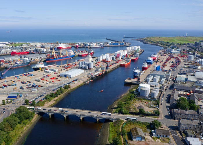 photo of view of Aberdeen harbour and ships viewed from above.