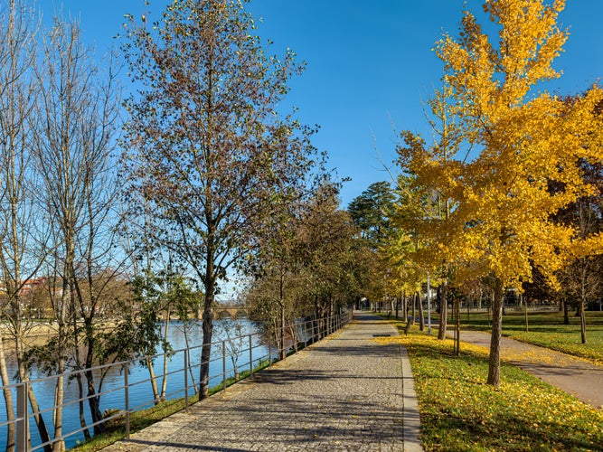 View along the Tamega river city park in Chaves, Portugal