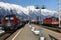 photo of view of Scenery of trains parking by the platforms of Innsbruck Main Station and snowy Nordkette mountains of Karwendel Alps, Pertisau, Austria.