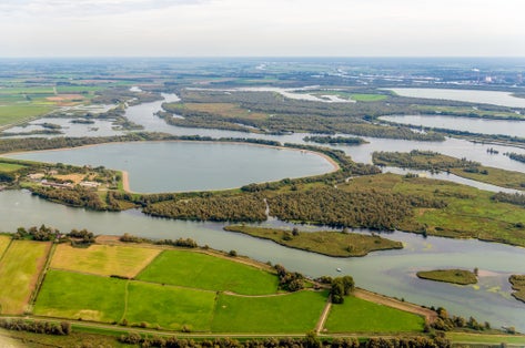 photo of aerial view constructed water basins in the Dutch National Park De Biesbosch in the Netherlands.