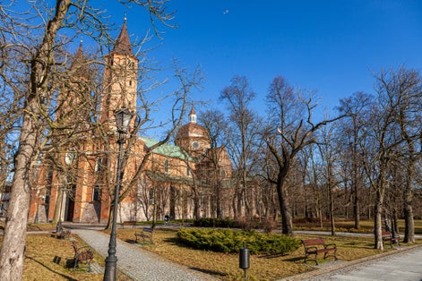 View of the Tumskie hill in Plock, Poland in spring. Bazylika Katedralna Wniebowzięcia NMP.