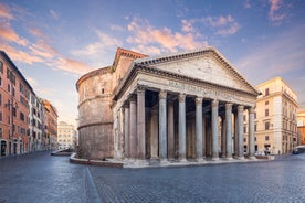 Aerial panoramic cityscape of Rome, Italy, Europe. Roma is the capital of Italy. Cityscape of Rome in summer. Rome roofs view with ancient architecture in Italy. 