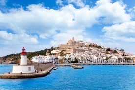 photo of an aerial view of Sant Antoni de Portmany in Ibiza islands, Spain.