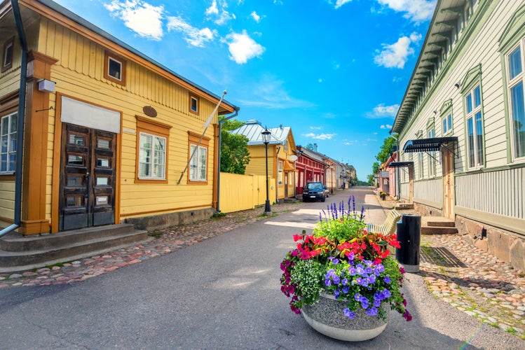 Photo of cityscape with main street of old resort finnish town Naantali, Finland.