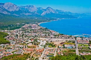 Photo of aerial view of the town of Kemer and sea from a mountain, Turkey.