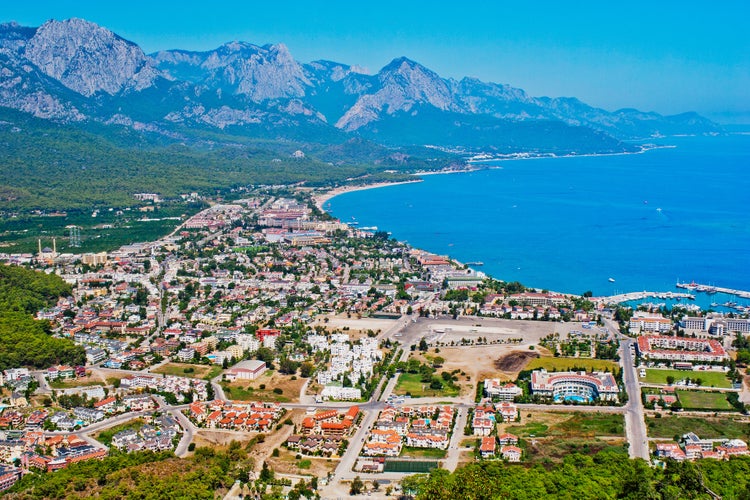 photo of aerial view of the town of Kemer and sea from a mountain in Turkey.