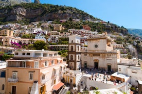 Photo of aerial morning view of Amalfi cityscape on coast line of Mediterranean sea, Italy.