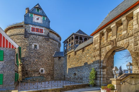 Burg Castle located in Burg an der Wupper (Solingen), is the largest reconstructed castle in North Rhine-Westphalia, Germany. Tower with clock