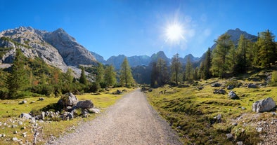 Photo of a view of the Alps from the Ehrwald, a town on the border of Germany and Austria with picturesque meadows surrounded by towering mountain ranges, including the Zugspitze.