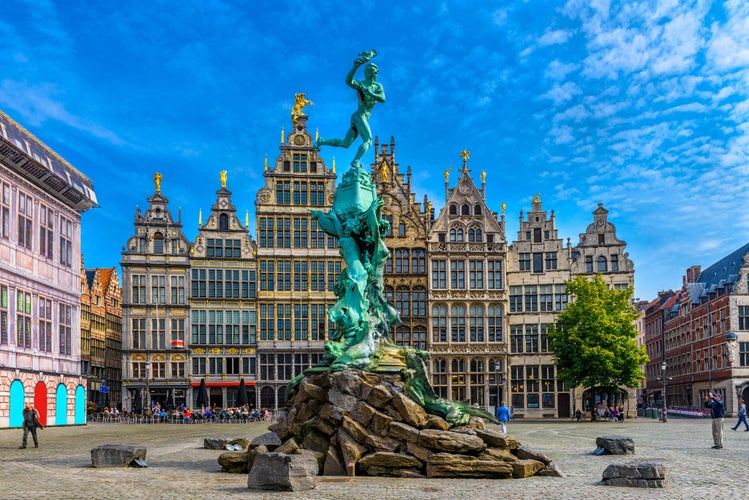 The Grote Markt (Great Market Square) of Antwerpen (Antwerp), Belgium. It is a town square situated in the heart of the old city quarter of Antwerpen. Cityscape of Antwerp.