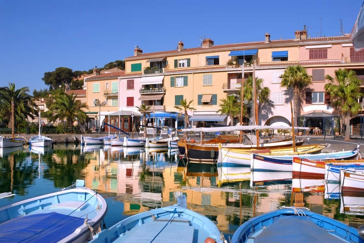 small port of Brusc in Six-Fours-les-Plages on the French Riviera with old wooden boats called "pointus"