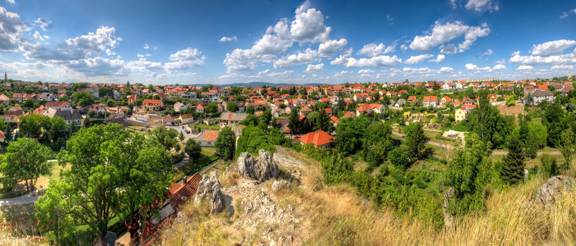 Elevated panoramic view over the outskirts of the Hungarian city of Veszprém near Lake Balaton with terraced houses and detached houses in an upscale residential style