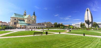 Photo of aerial view on Zabrze city and stadium, Poland.