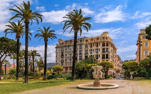 View of Mediterranean luxury resort and bay with yachts. Nice, Cote d'Azur, France. 