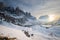 photo of winter landscape at sunset in Passo Gardena, Trentino Alto Adige, Italy.