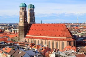 Aerial view on Marienplatz town hall and Frauenkirche in Munich, Germany.