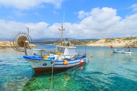 Photo of aerial view on clear blue water of Coral bay in Peyia, Cyprus.