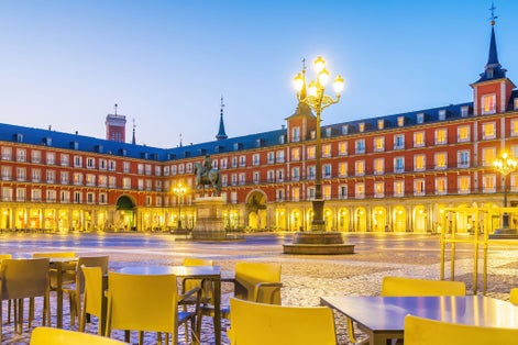 Photo of Old town Madrid, Spain's Plaza Mayor at night.