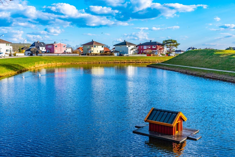 Duck house at a moat around town Fredrikstad in Norway