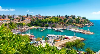 Photo of majestic panoramic aerial view of seaside resort city of Kas in Turkey.