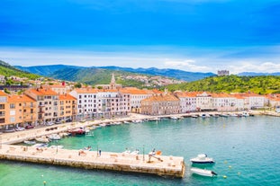 Photo of aerial view of town of Senj and Nehaj fortress , Adriatic sea, Primorje region of Croatia.