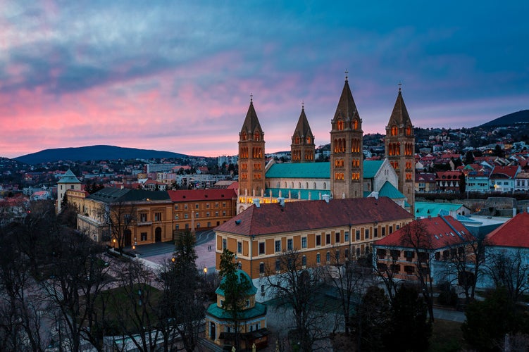 photo of view of Aerial photo about the Giant church in Pecs city. Hungary. Hungarian name is Pécsi bazilika.