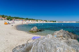 photo of aerial view of Argelès-sur-Mer with sandy beach in the Pyrénées, France.