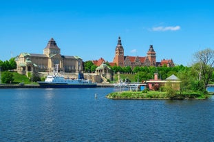 Photo of aerial view of Torun old town with Vistula river, Poland.