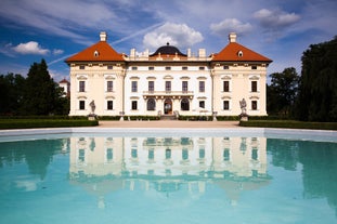 Photo of aerial view on Mikulov town in Czech Republic with Castle and bell tower of Saint Wenceslas Church.