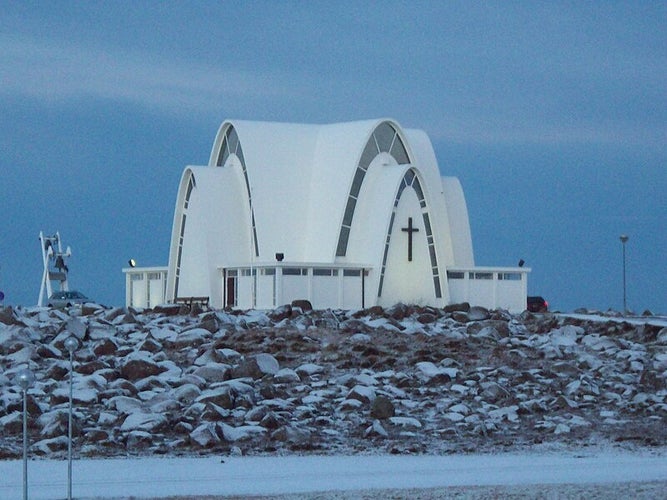 photo of view of the church in Kópavogur, Iceland.